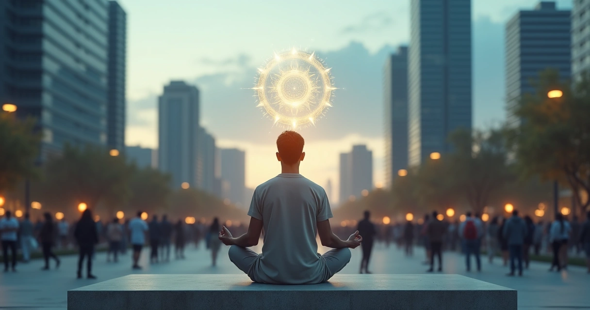 Persona meditando en calma sobre ciudad con multitud desenfocada 