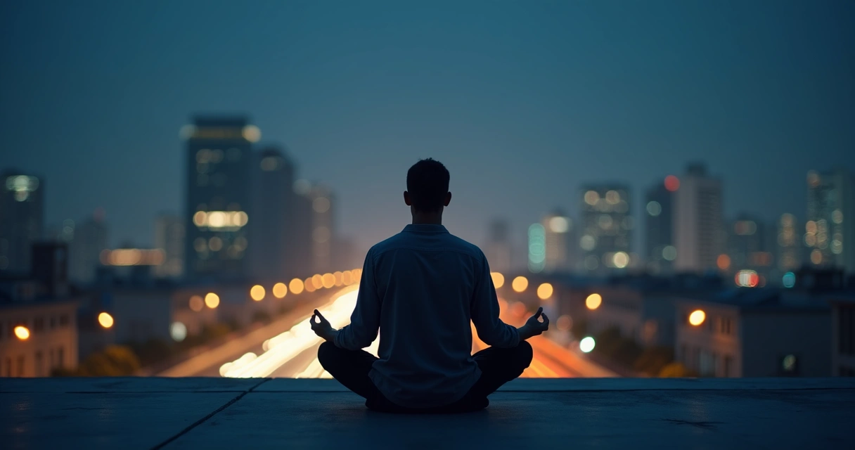 Persona meditando en una azotea nocturna con ciudad borrosa al fondo 