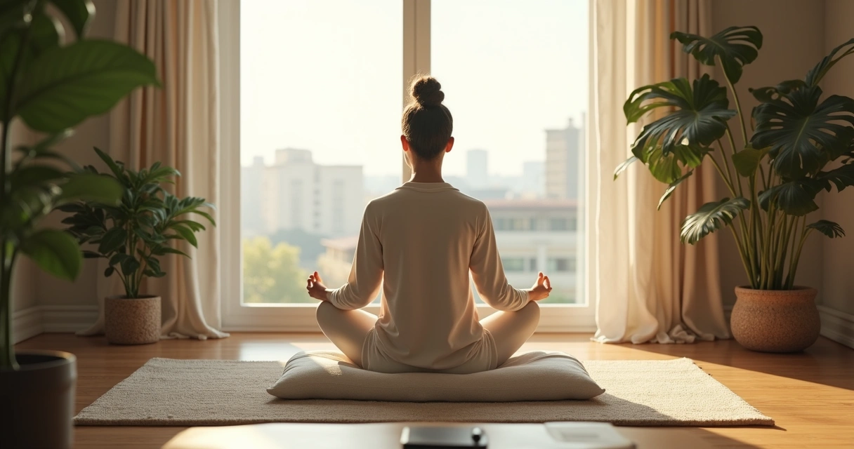 Persona meditando frente a una ventana con luz natural, plantas y cuaderno sobre una mesa
