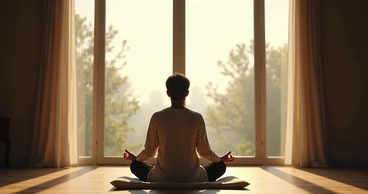 Persona sentada meditando ante una ventana con luz suave y siluetas de árboles