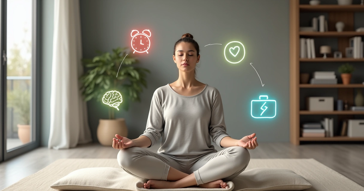 Persona meditando rodeada de iconos que representan mitos y verdades sobre la meditación 