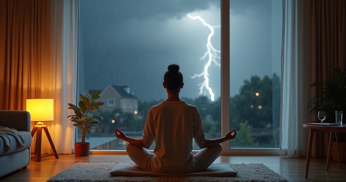 Persona meditando en una sala tranquila durante una tormenta vista por la ventana 
