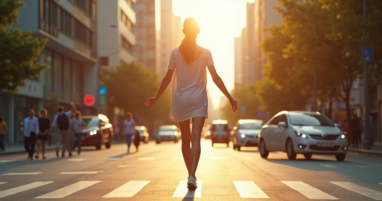 Persona caminando conscientemente entre la ciudad en movimiento 
