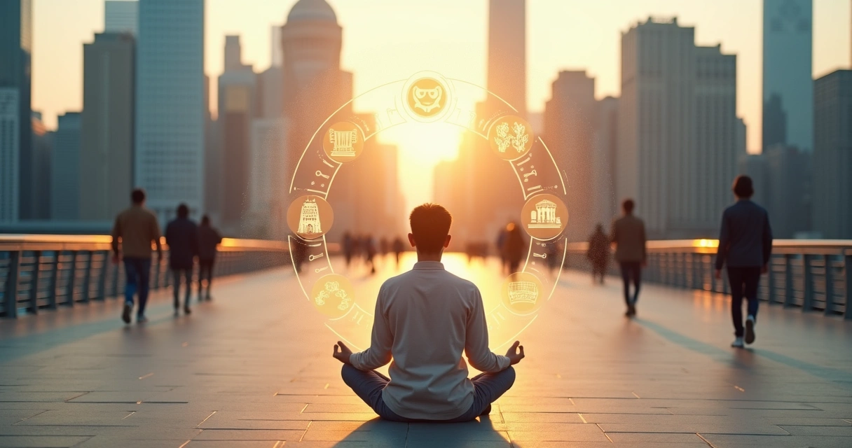 Persona meditando en puente urbano con skyline y símbolos culturales alrededor 