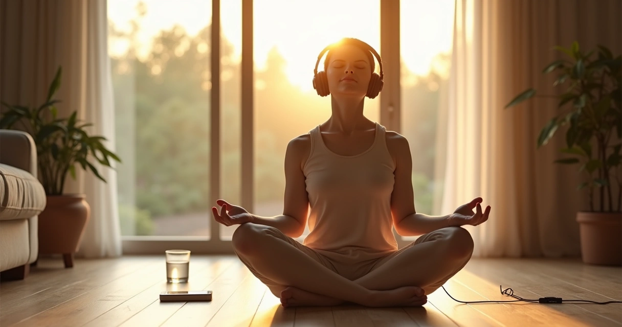 Persona meditando con auriculares en una sala iluminada suavemente 