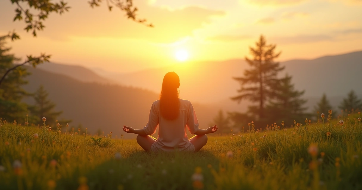 Persona meditando en la naturaleza al amanecer