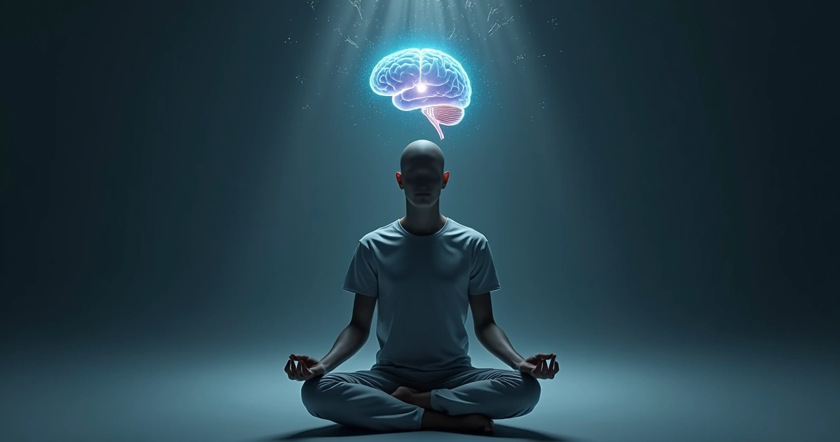 Persona meditando con un cerebro iluminado sobre un fondo tecnológico sutil 