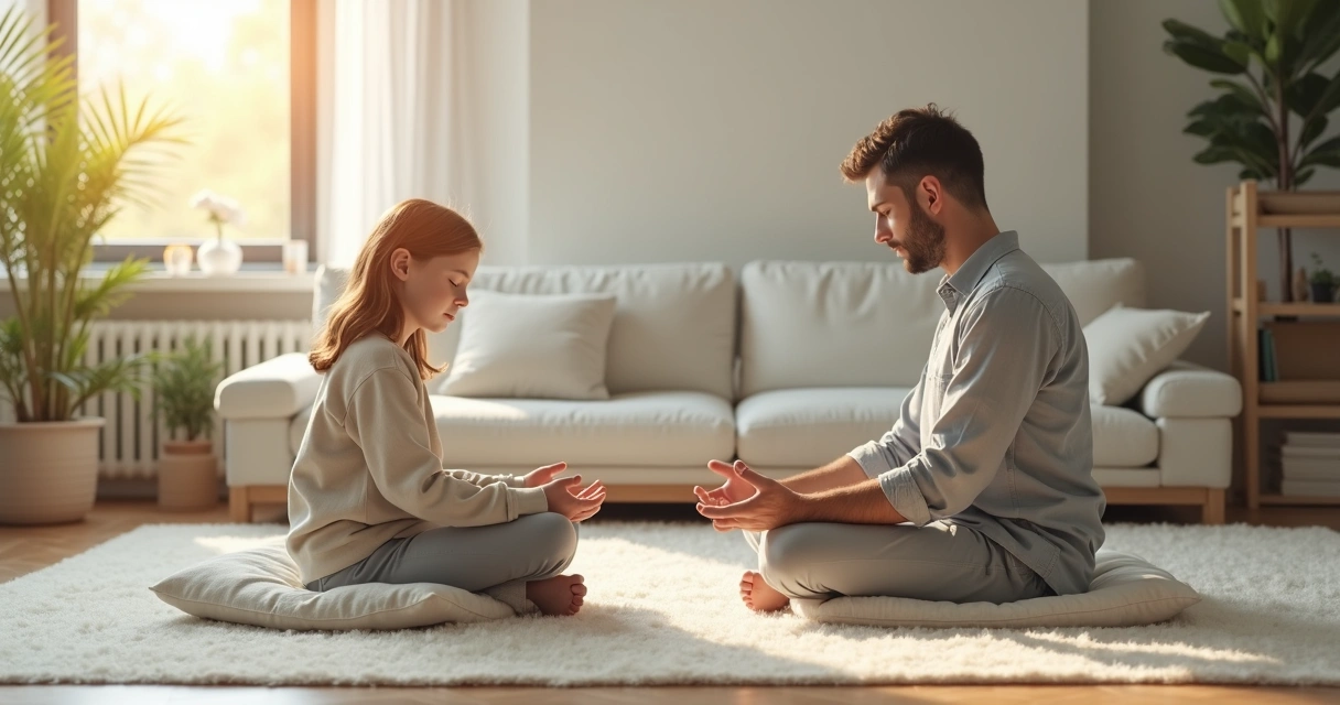 Padre y niño meditando sentados juntos en el salón de casa 
