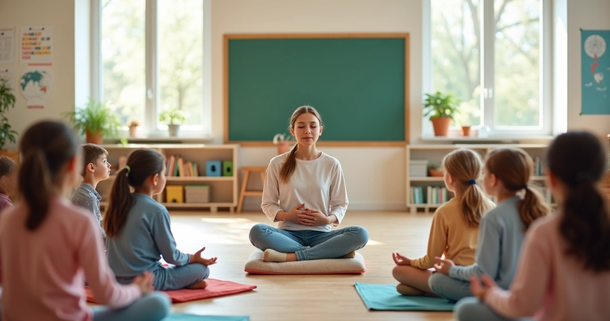 Niños practicando meditación guiada en un aula luminosa de escuela 