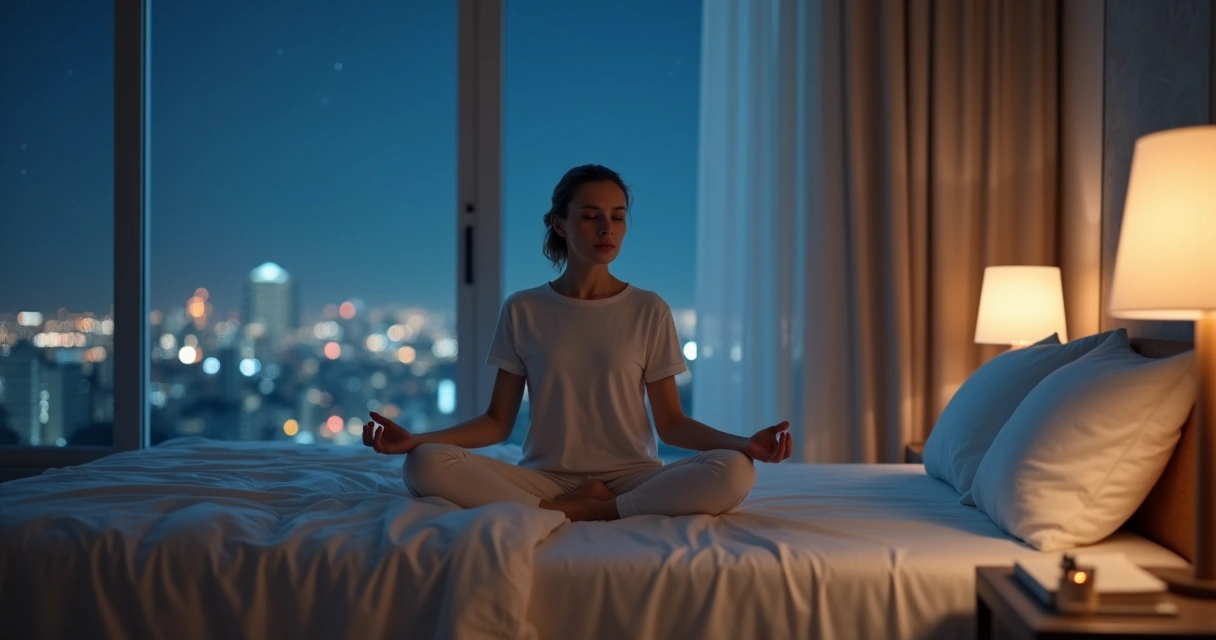 Persona meditando sentada en la cama junto a una ventana de noche 