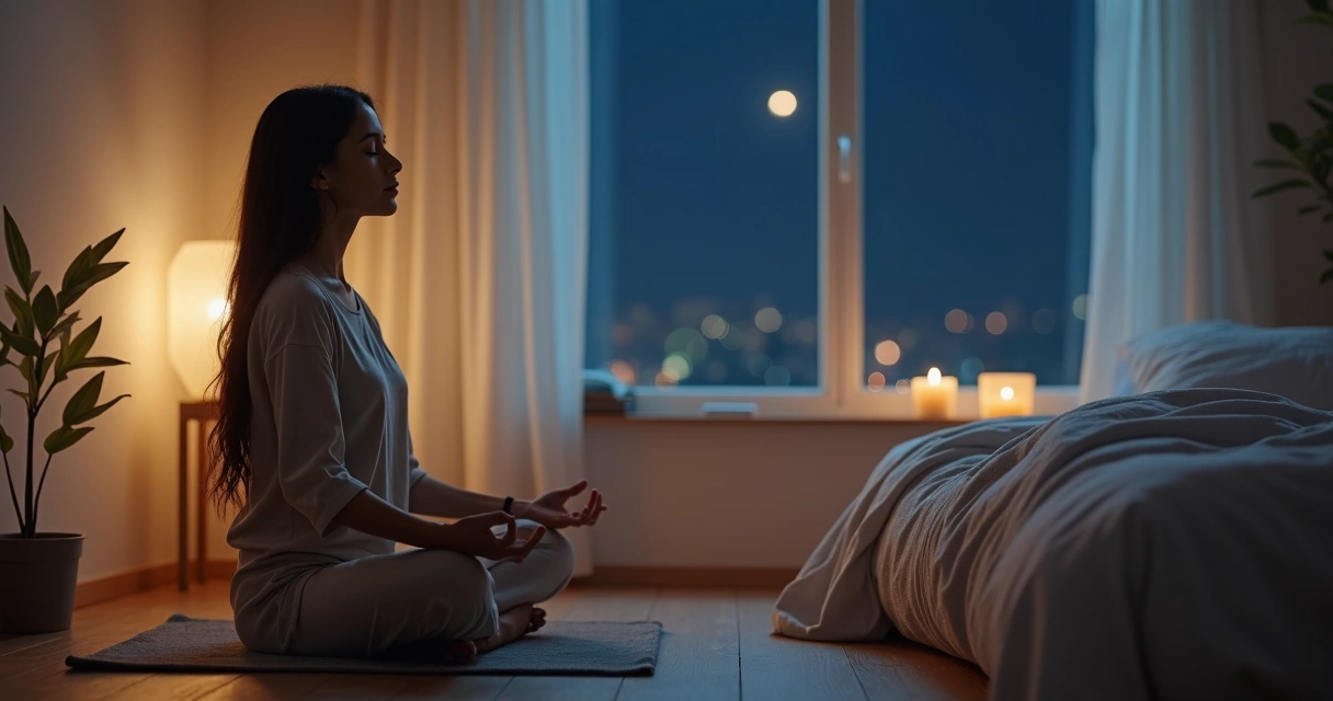 Persona sentada en meditación nocturna junto a la cama en una habitación tranquila 