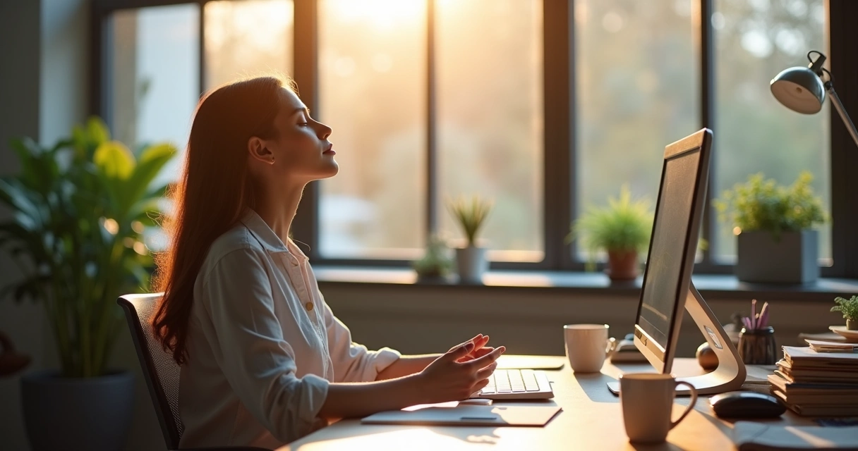 Persona meditando en su escritorio en una oficina 