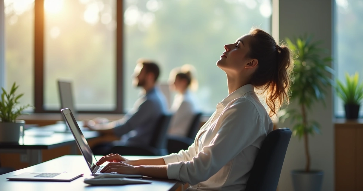 Persona sentada en su escritorio realizando una pausa de meditación 