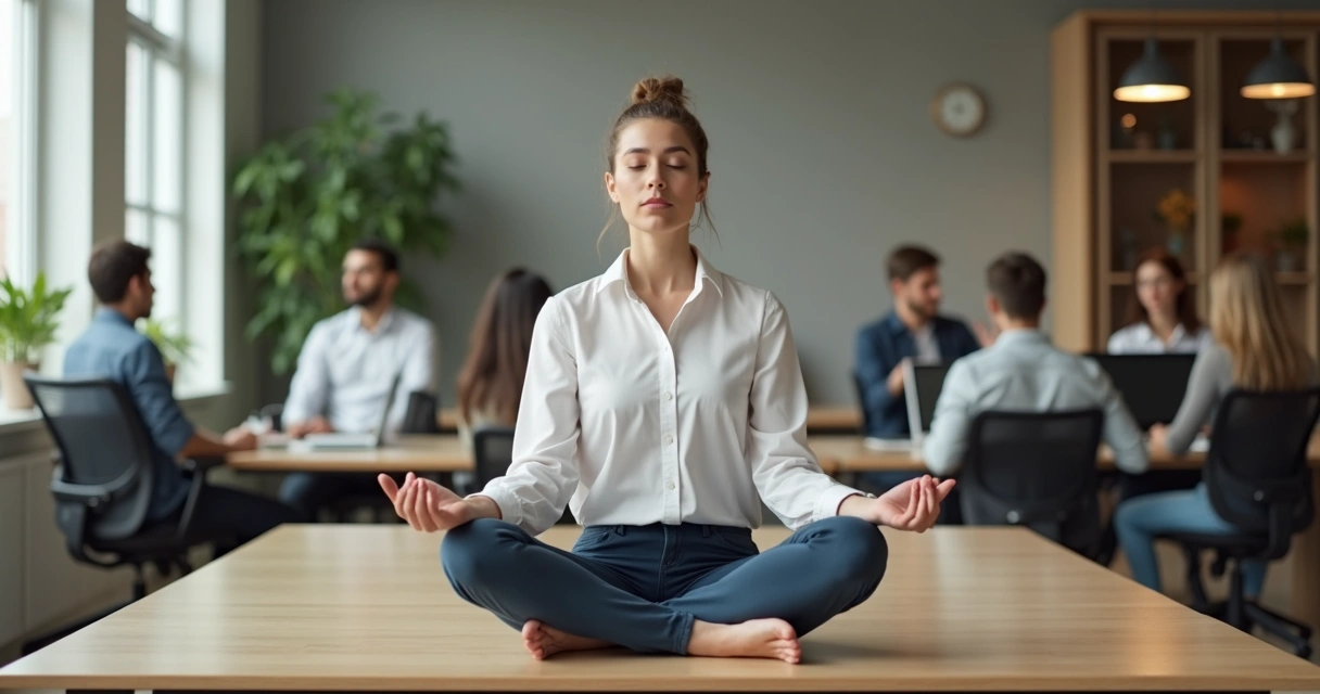 Profesional meditando en una oficina moderna junto a su equipo de trabajo 