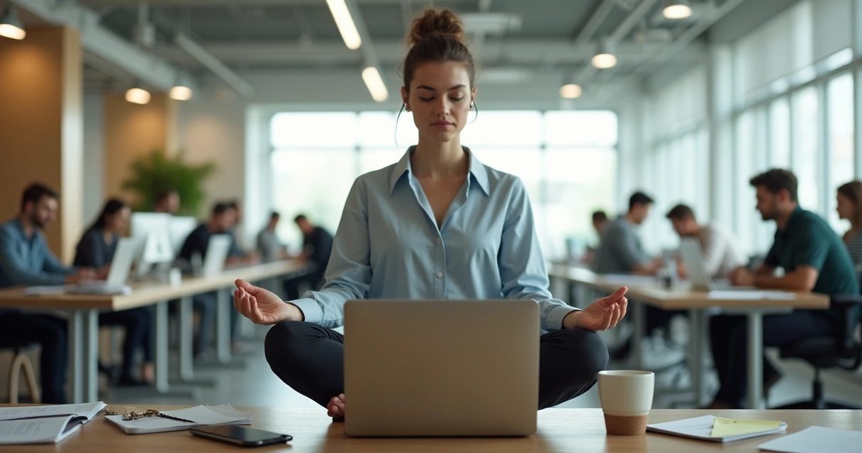 Profesional sentado en oficina intentando meditar rodeado de distracciones laborales 
