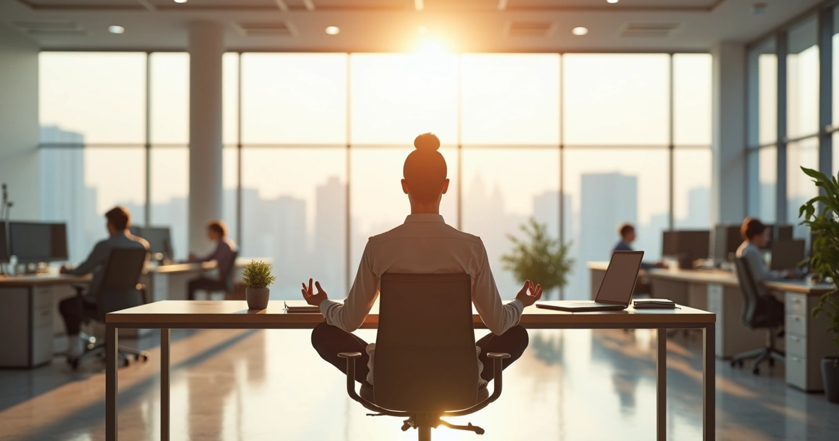 Persona meditando en una oficina moderna para reducir el estrés laboral 