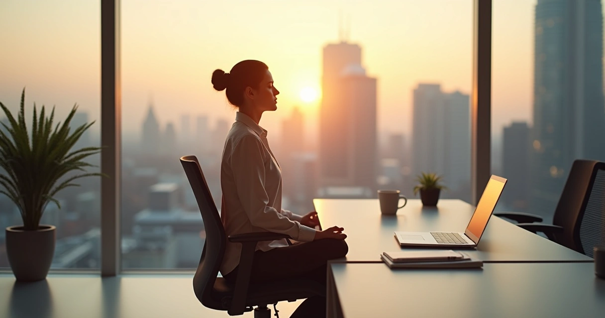 Persona meditando en una oficina moderna para reducir el estrés laboral 