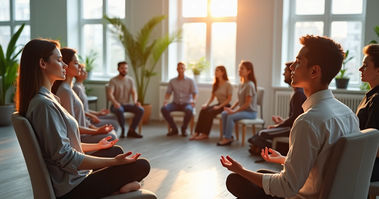 Personas sentadas en una oficina moderna meditando en círculo con luz natural 