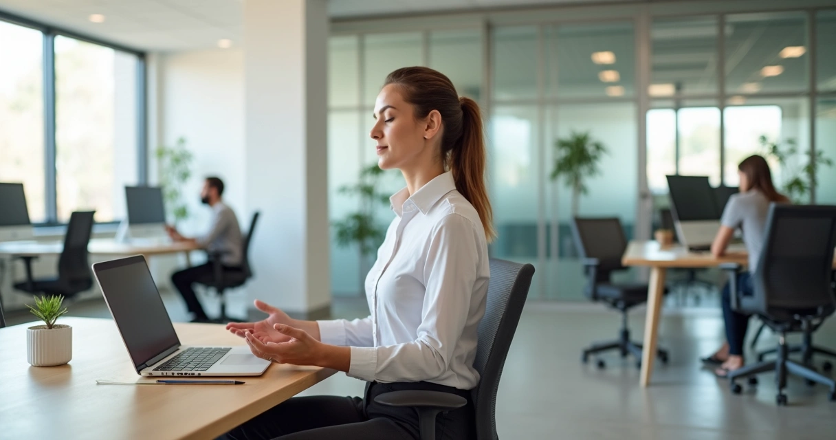 Profesional meditando en su escritorio en una oficina moderna luminosa 