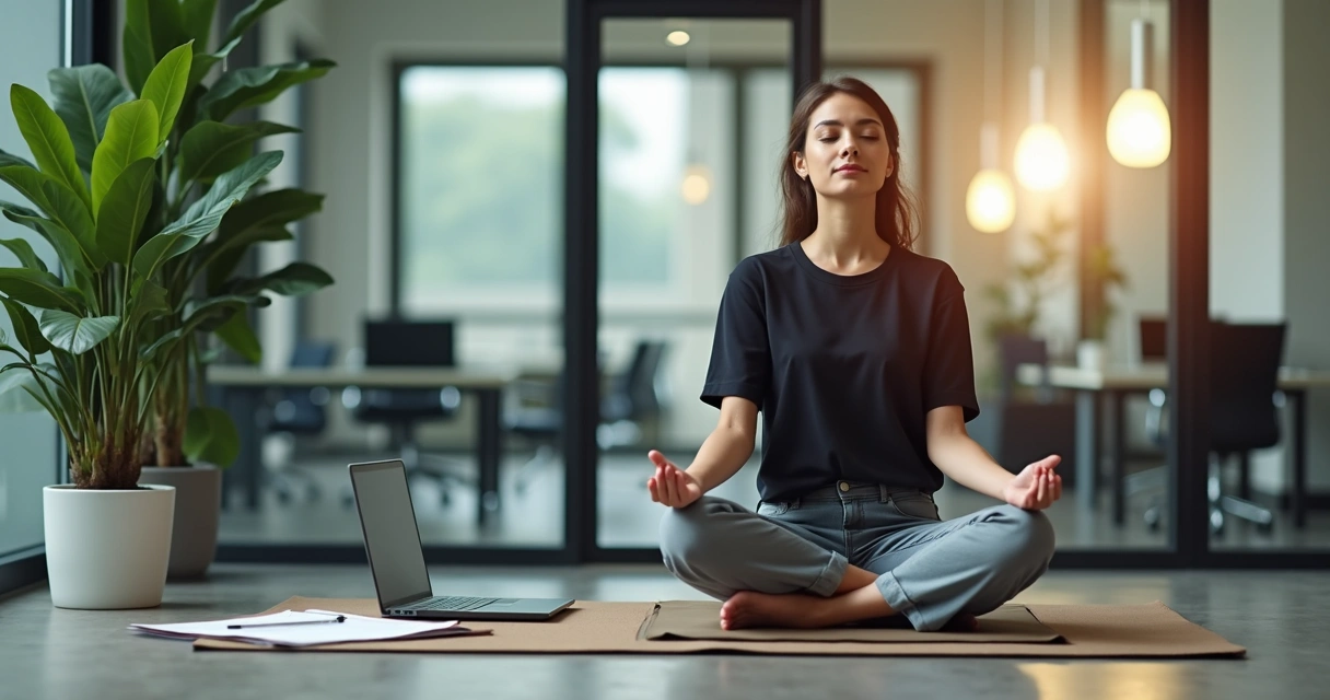 Persona meditando en una oficina moderna junto a una planta 