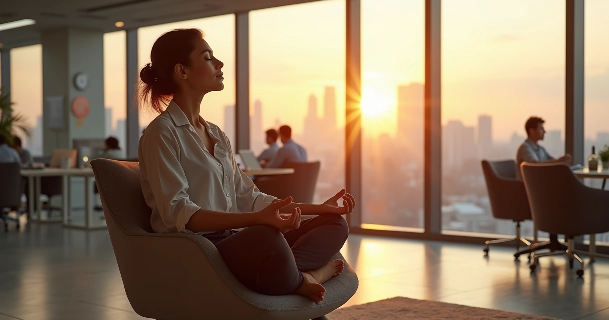 Profesional meditando en postura relajada junto a ventanales de oficina moderna 