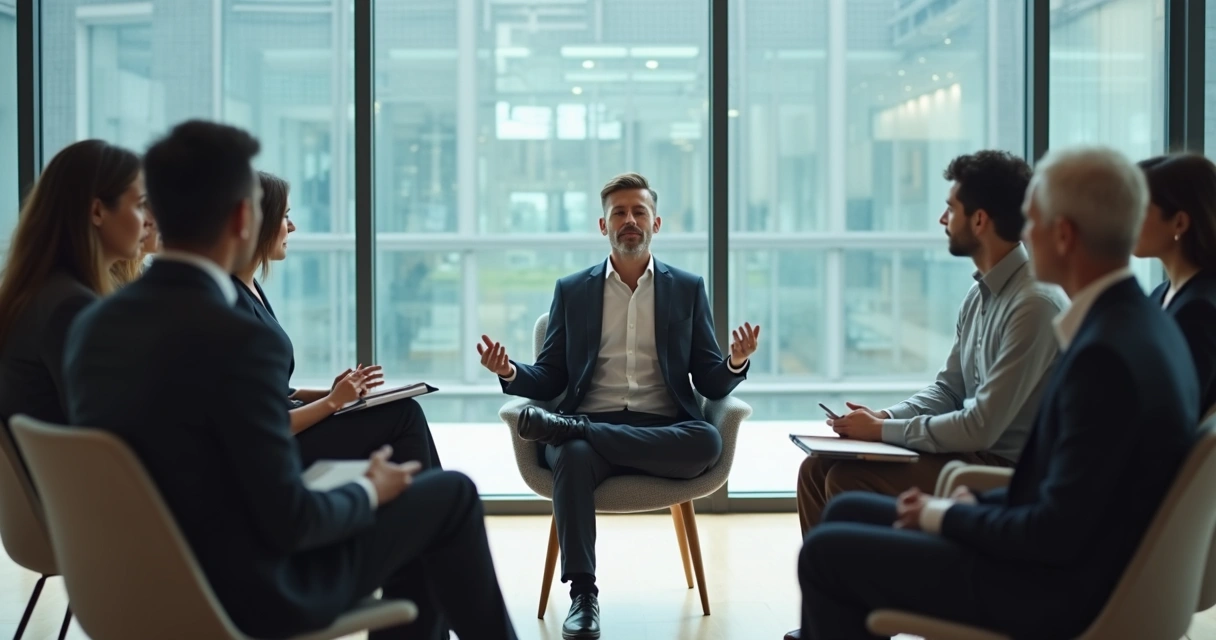 Líder meditando en sala de reuniones mientras el equipo dialoga en círculo 