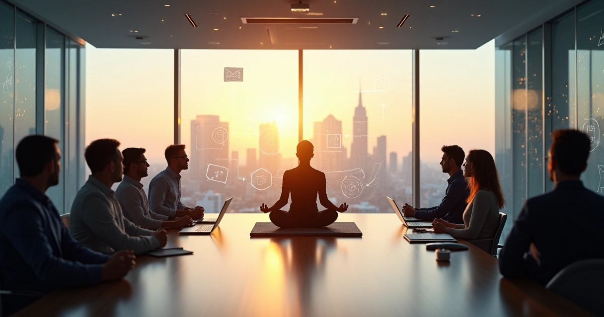 Persona meditando en sala de reuniones durante proceso de cambio organizacional 