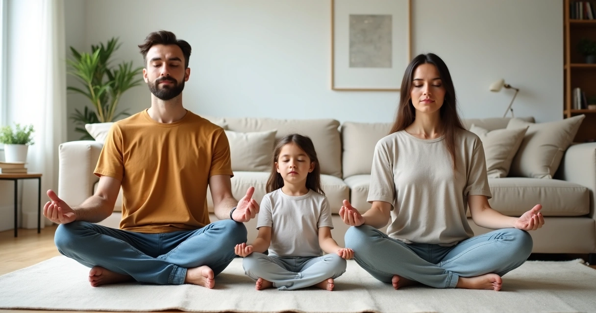 Padre y madre meditando con su hijo pequeño en el salón de casa 