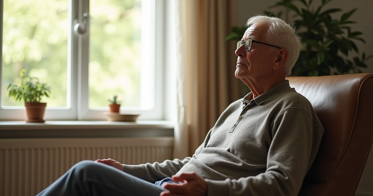 Adulto mayor sentado en silencio meditando en una silla junto a una ventana 