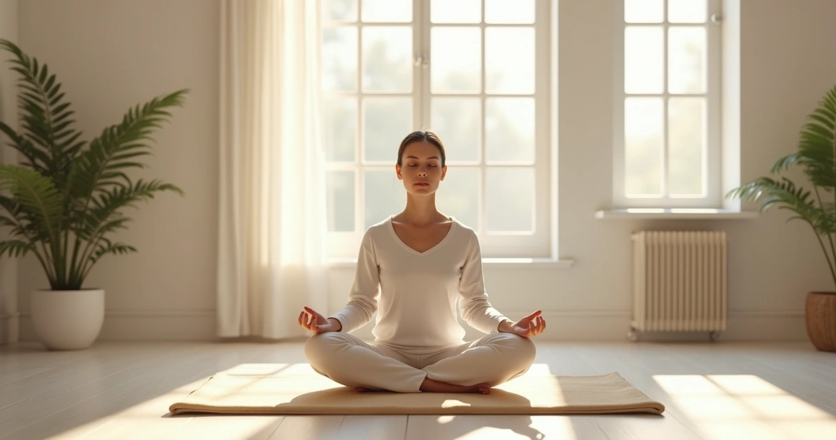 Persona sentada en postura de meditación clásico en una habitación tranquila y luminosa