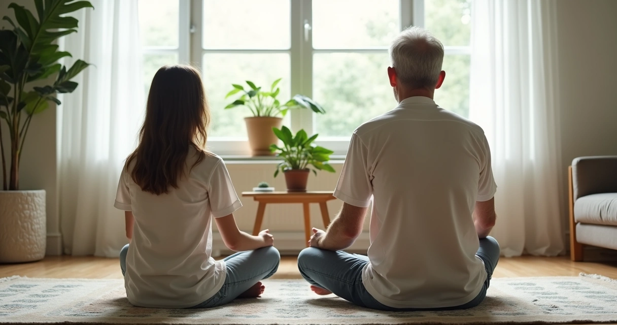 Padre e hija meditando juntos en una sala iluminada con plantas 