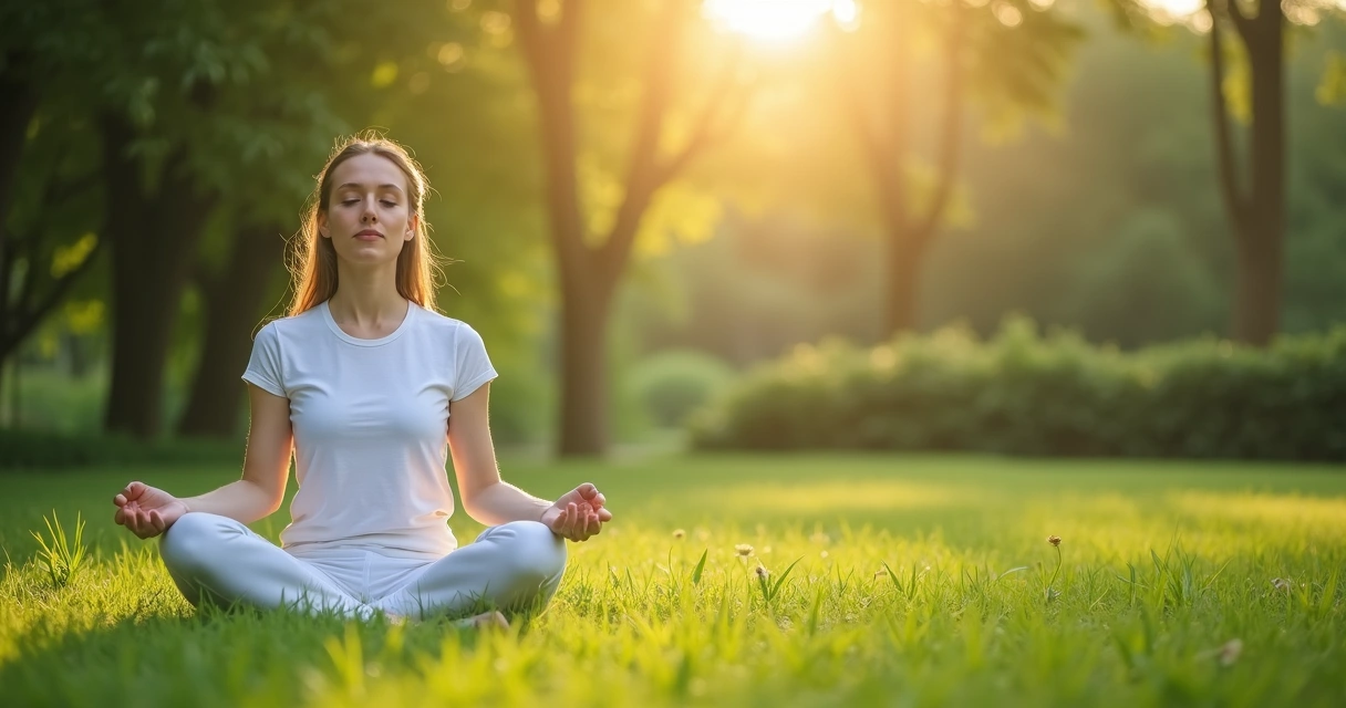 Persona meditando sentada en un entorno natural con luz suave