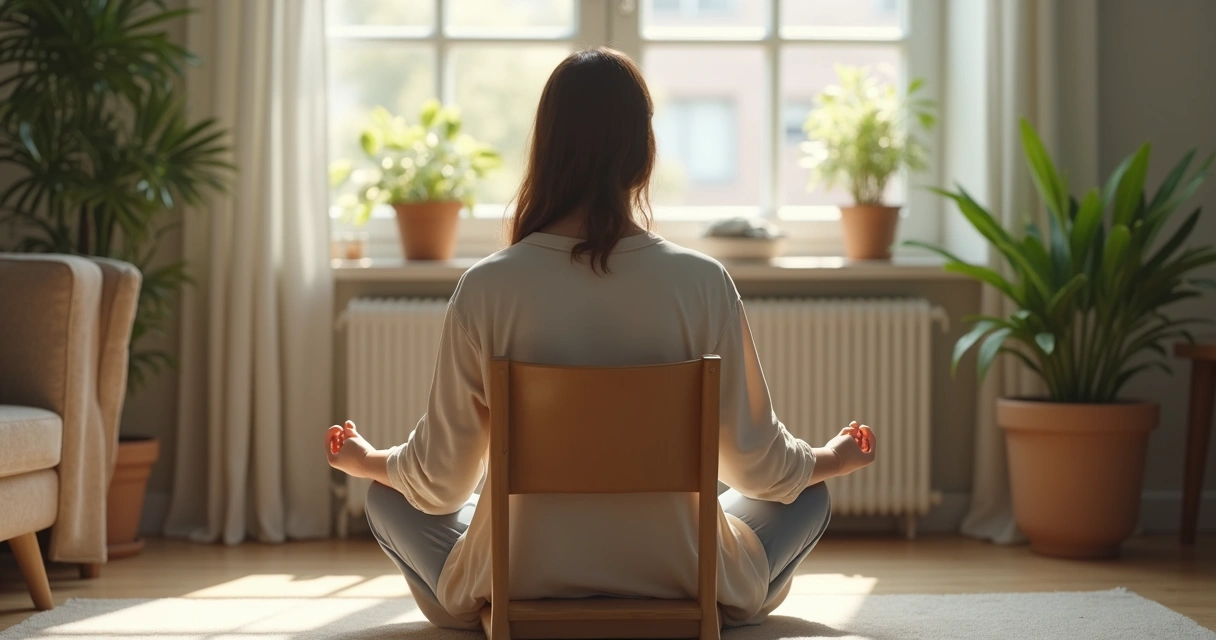Persona sentada meditando sobre una silla en una habitación tranquila 