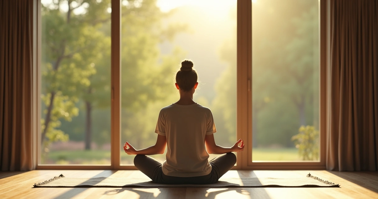 Persona meditando junto a una ventana con luz suave. 