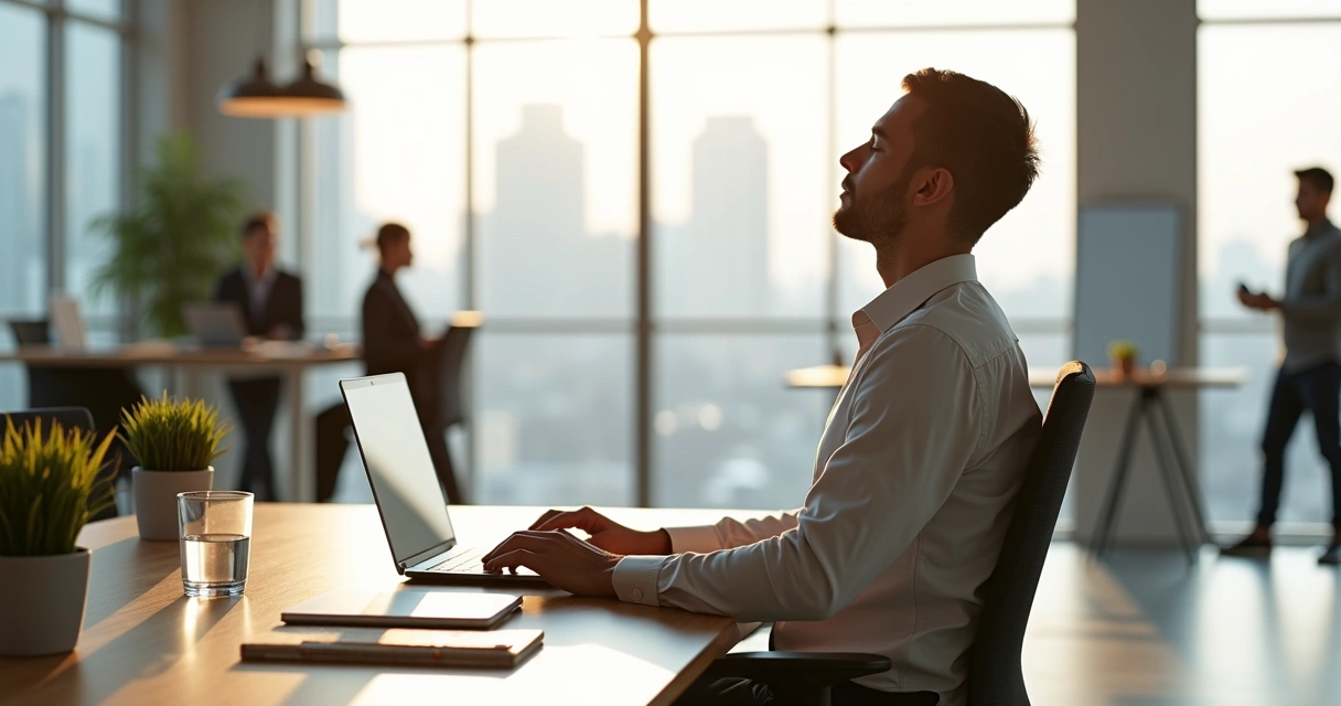 Persona practicando respiración consciente frente al ordenador en una oficina tranquila 
