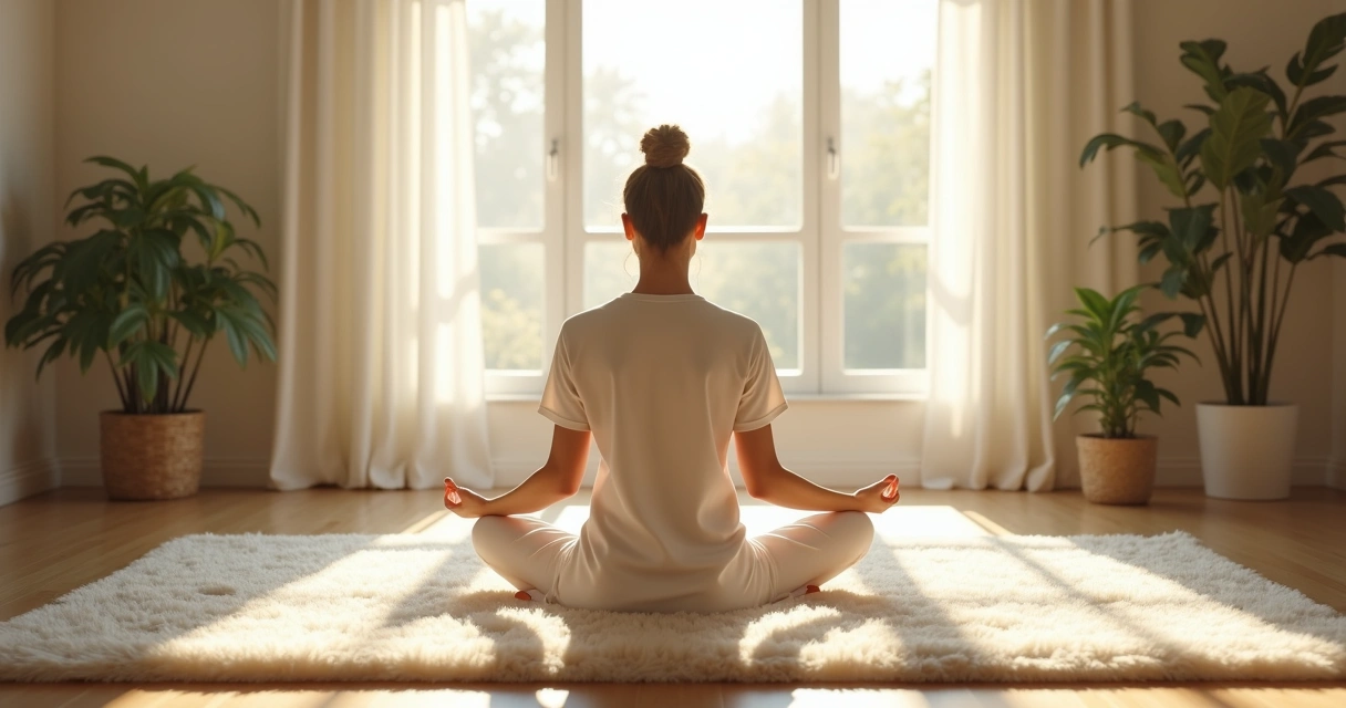 Persona sentada en postura de meditación en un espacio tranquilo y ordenado, con luz natural 