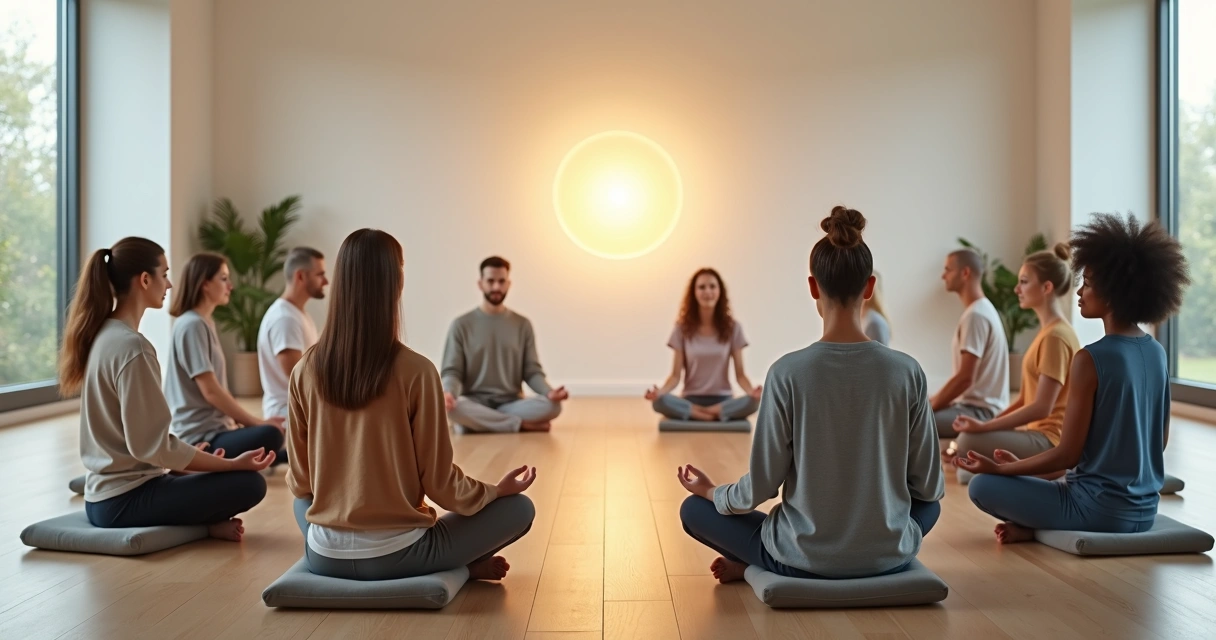 Grupo diverso meditando en círculo con luz suave y conexión colectiva 