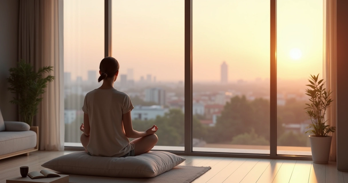 Persona meditando en silencio frente a una gran ventana al amanecer 