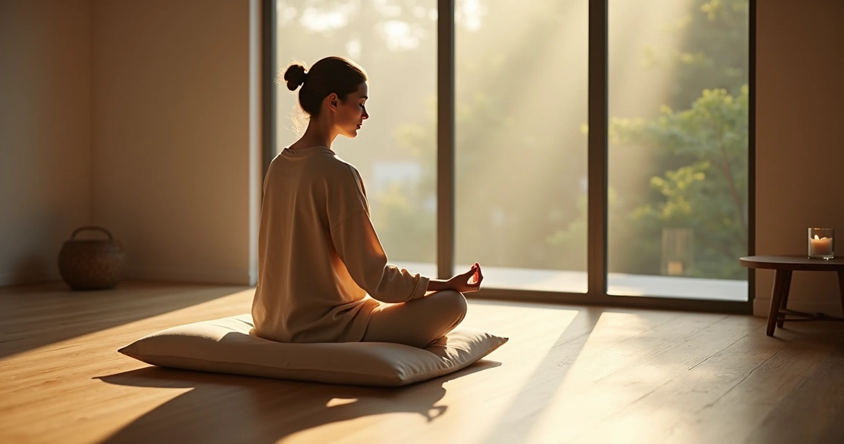 Persona sentada meditando junto a una ventana iluminada por luz suave 