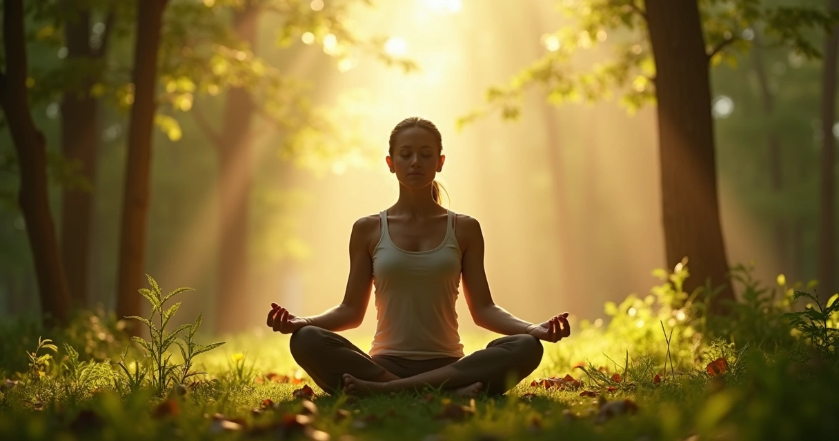 Persona meditando en posición de loto en entorno natural tranquilo 