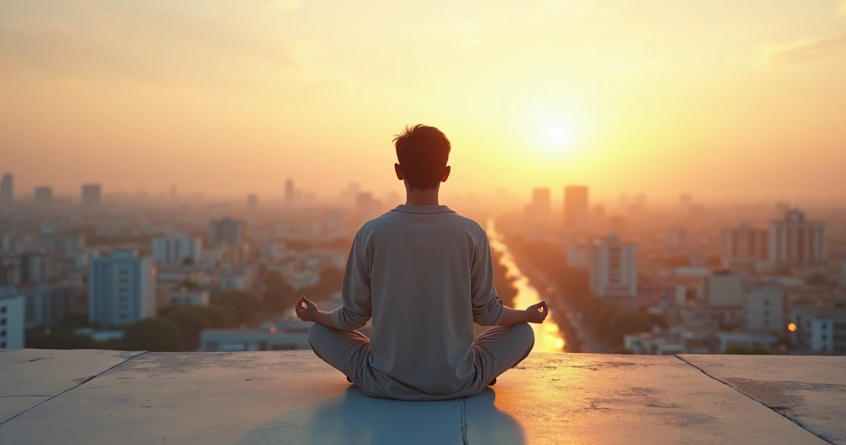 Persona meditando en una azotea al amanecer con la ciudad difuminada de fondo 
