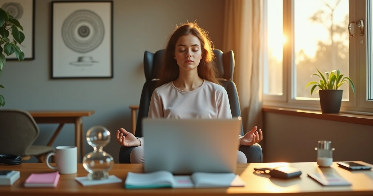 Persona meditando en su escritorio entre tareas pendientes ordenadas 