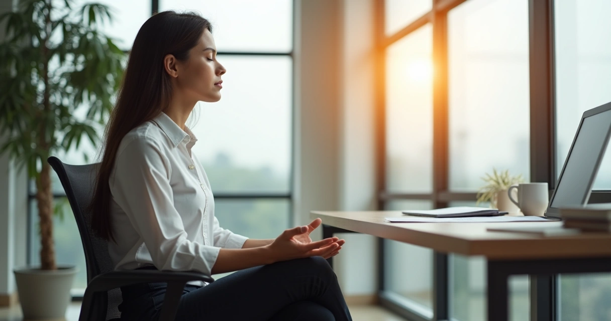 Persona meditando sentada en silla de oficina, vista lateral del escritorio y ventana soleada al fondo. 