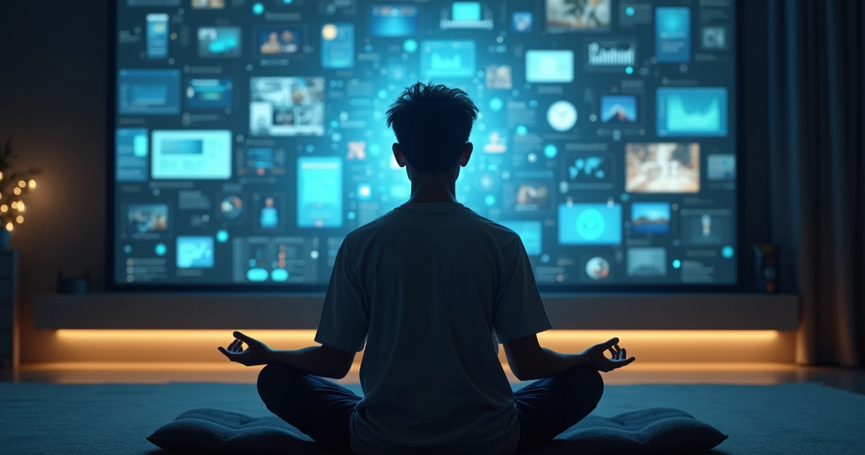 Persona meditando en calma rodeada de múltiples pantallas y noticias borrosas 