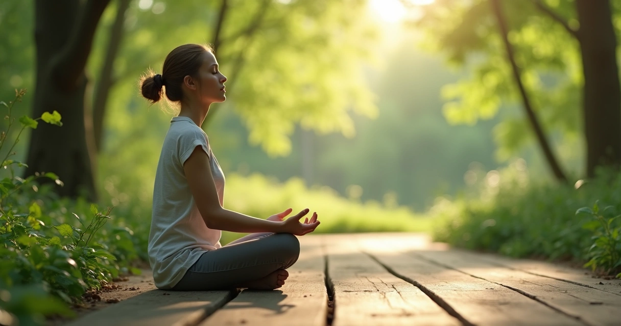 Persona meditando en calma, fondo natural con árboles y luz tenue