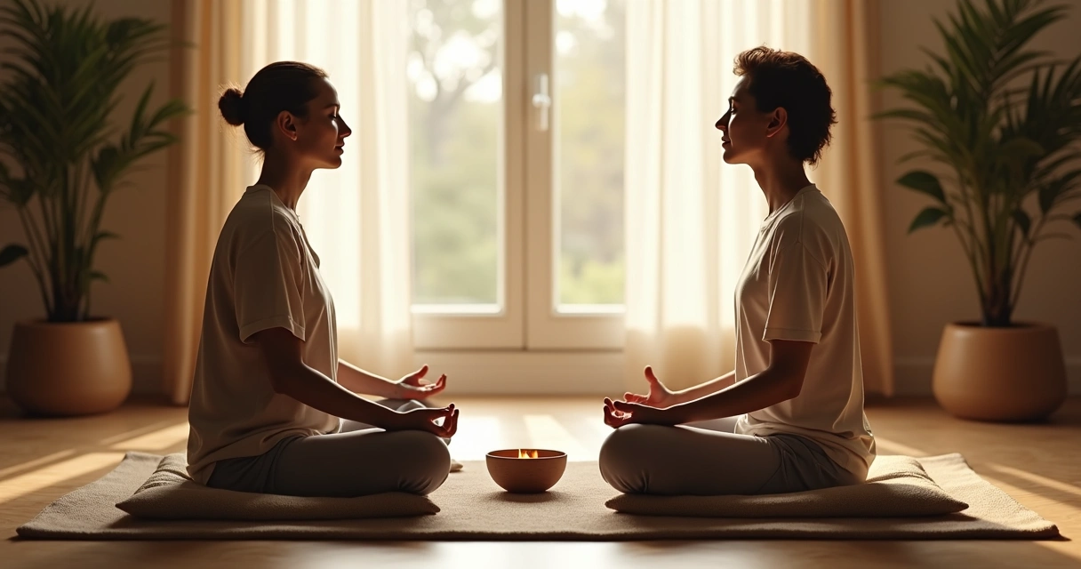 Dos personas sentadas frente a frente practicando meditación relacional 