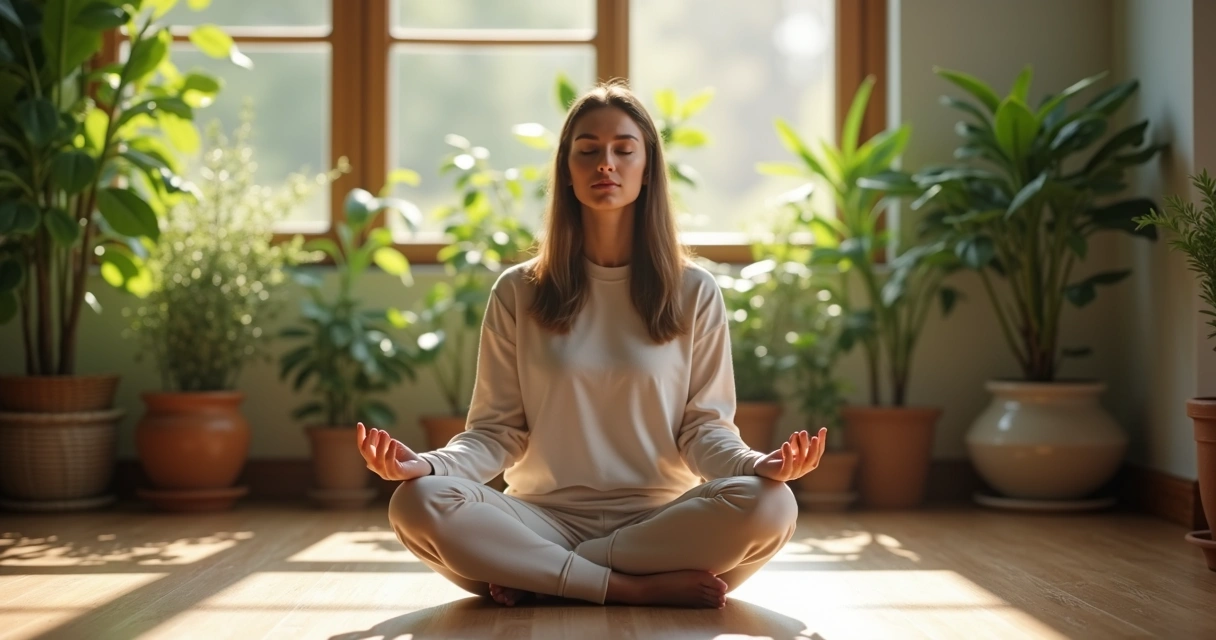 Persona meditando en posición de loto en un entorno tranquilo con luz natural