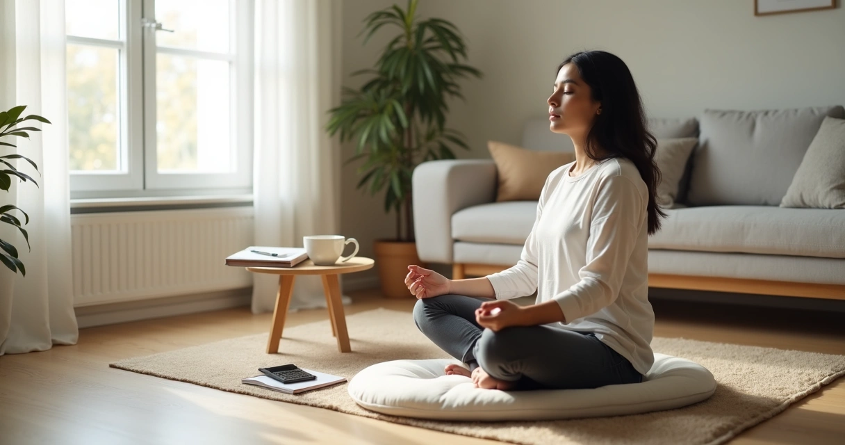 Persona sentada meditando en una sala tranquila con luz natural 