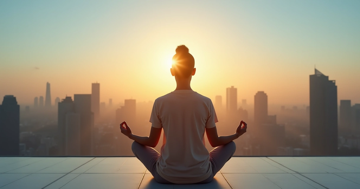 Persona meditando frente a una ciudad al amanecer 