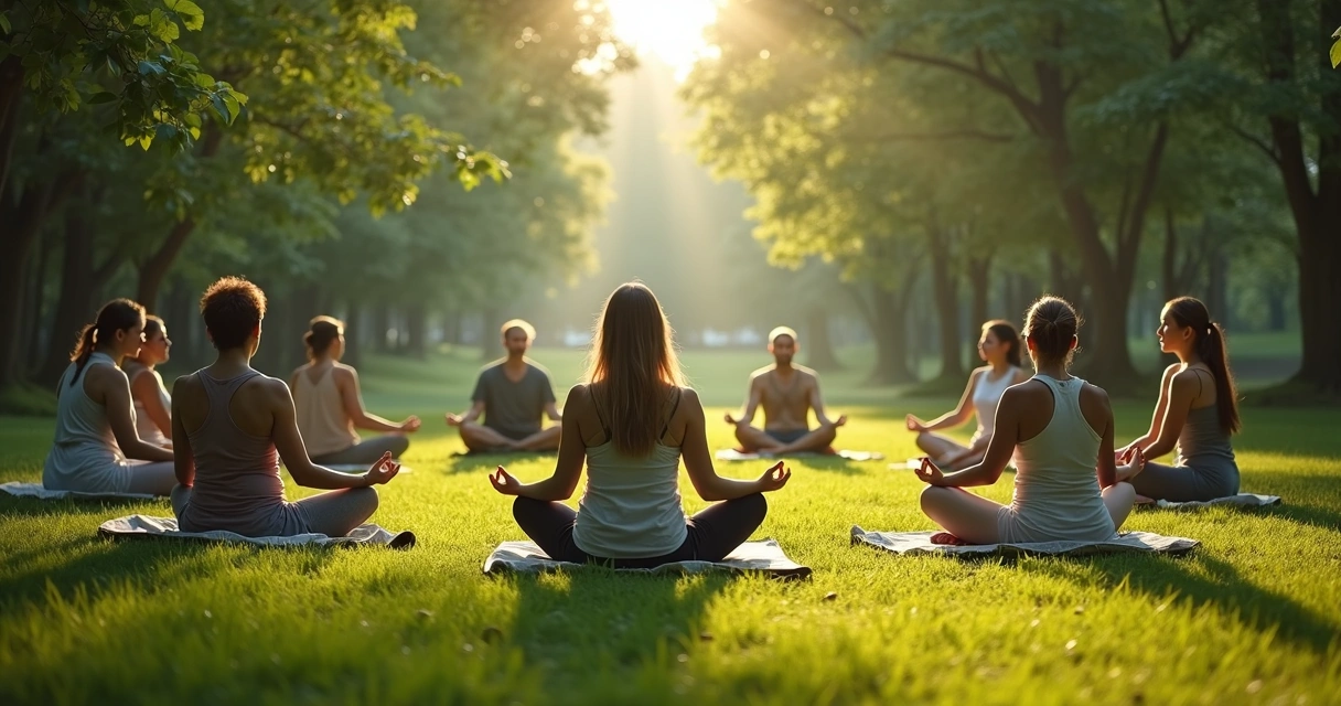 Grupo de personas meditando en círculo al aire libre en la naturaleza 
